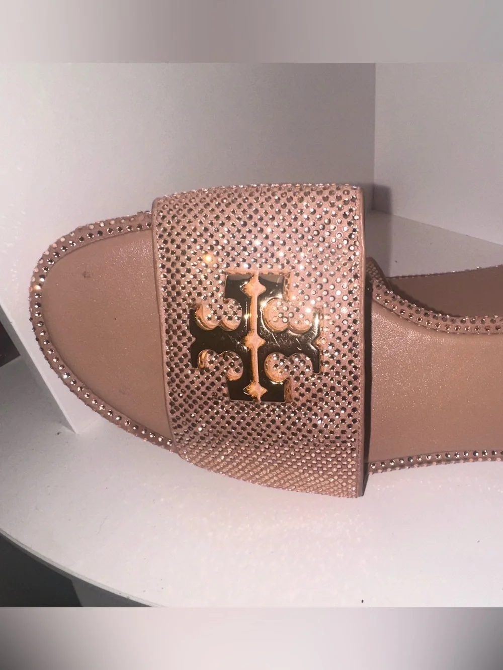 Tory Burch Blush Crystal-Studded Logo Slide Sandals